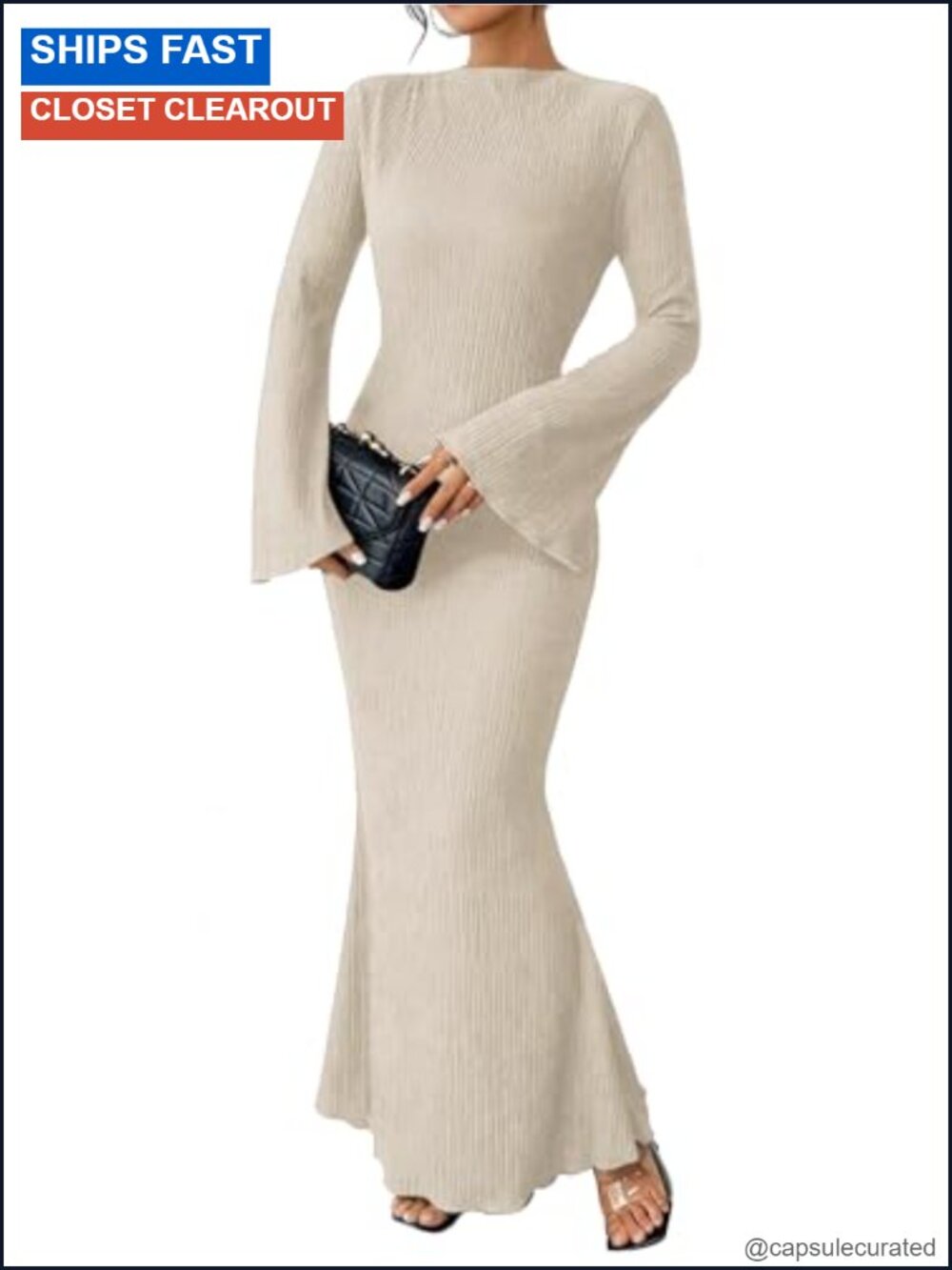 Women Maxi Dress Long Sleeve Bodycon Formal Mermaid Hem Boho Flare Sleeve